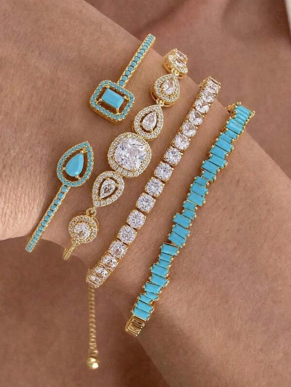 Gold-Plated Turquoise & Crystal Layered Bracelet Set